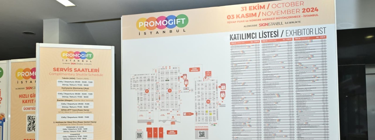 exhibitor list and floor plan at promogift displaying stand locations shuttle schedule and event details